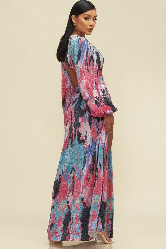 printed cutout high leg split maxi dress - RK Collections Boutique