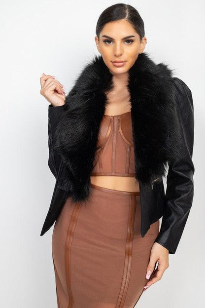 Faux Leather Fur Collar Jacket - alomfejto