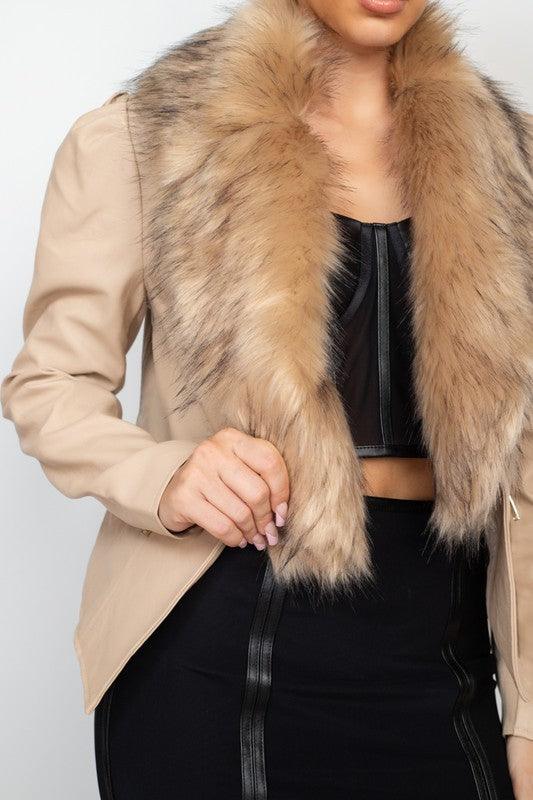Faux Leather Fur Collar Jacket - alomfejto
