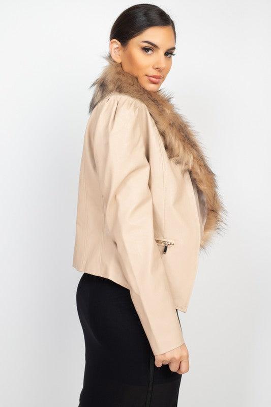 Faux Leather Fur Collar Jacket