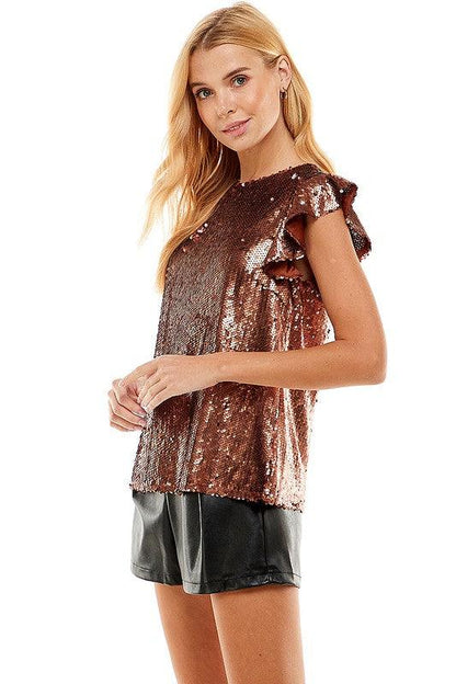 ruffle sleeve Sequin Round Neck Top - RK Collections Boutique
