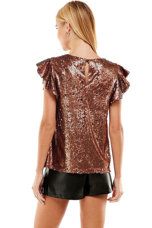 ruffle sleeve Sequin Round Neck Top - RK Collections Boutique