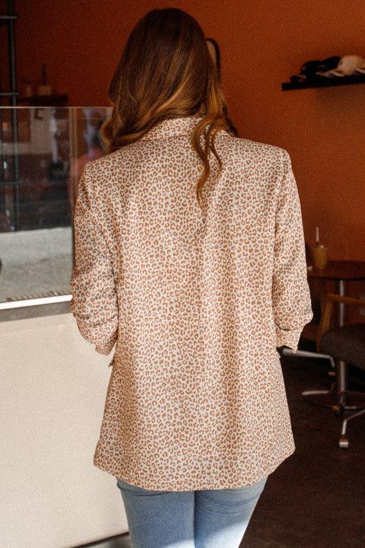 Leopard print ruched sleeve blazer - RK Collections Boutique