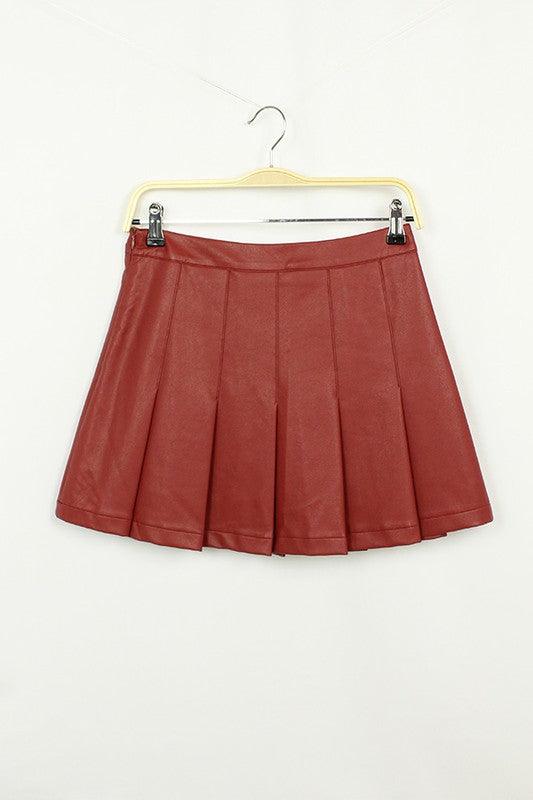 Faux Leather Side Zipper Pleated Skirt