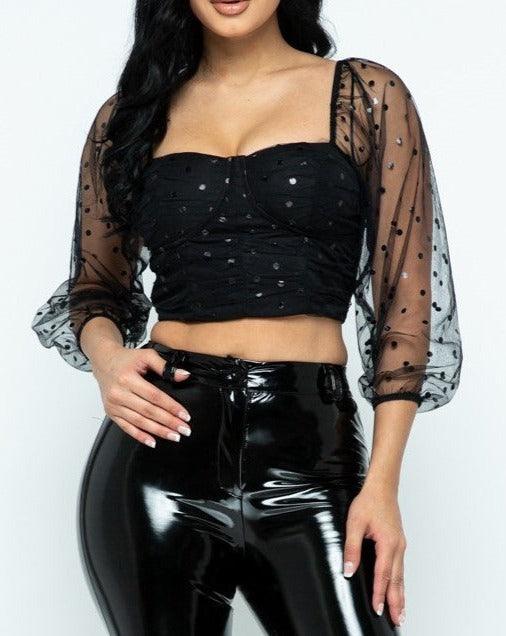 sheer polka dot long sleeve crop top - RK Collections Boutique