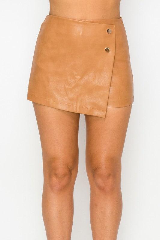 Two Button Faux Leather Mini Skort - tarpiniangroup