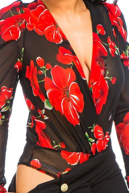 Mesh floral plunging & surplice bodysuit - RK Collections Boutique