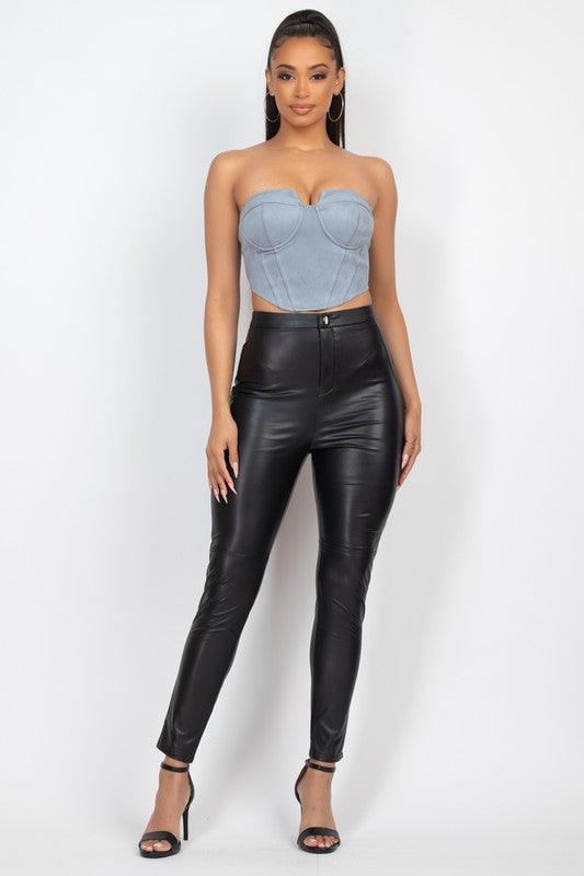 Faux Leather Buttoned Skinny Pants