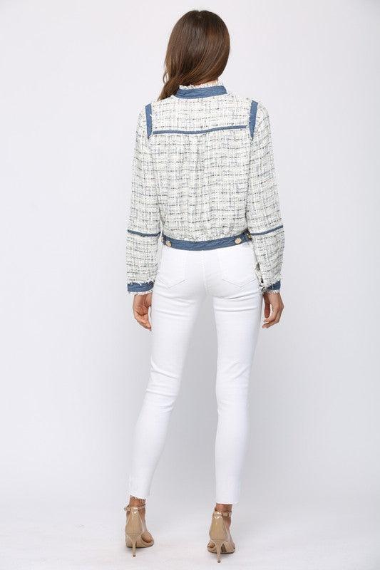denim & tweed mandarin collar jacket - RK Collections Boutique
