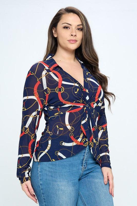 Plus Mesh Chain/Strap Print Twist Front Collared Long Sleeve Blouse