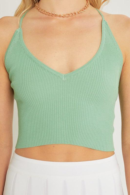 lace up back knit ribbed v-neck crop top - RK Collections Boutique