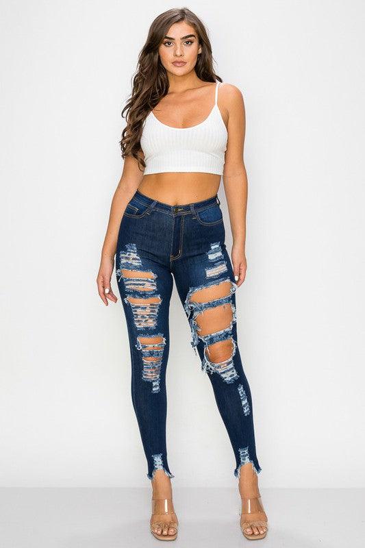 LO-191 stretch high waist destroyed skinny jeans - RK Collections Boutique