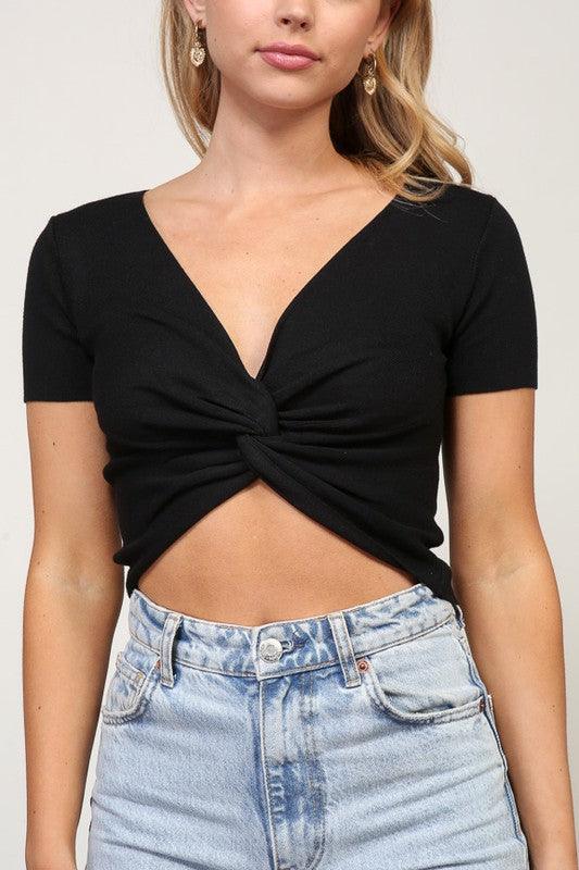 twist front knit short sleeve v neck crop top - RK Collections Boutique