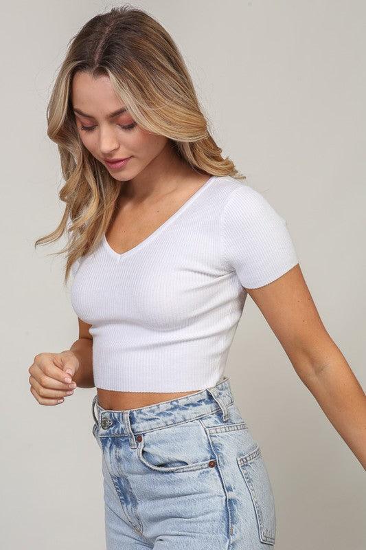 short sleeve v-neck sweater crop top - RK Collections Boutique