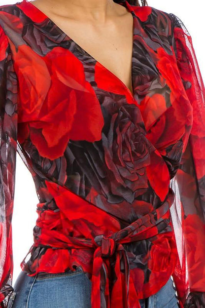 Floral Rose mesh wrap blouse - RK Collections Boutique