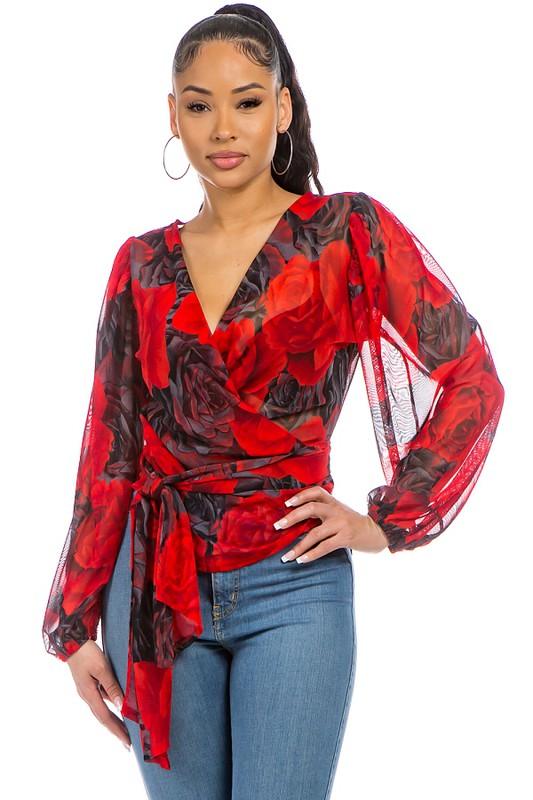 Floral Rose mesh wrap blouse - RK Collections Boutique