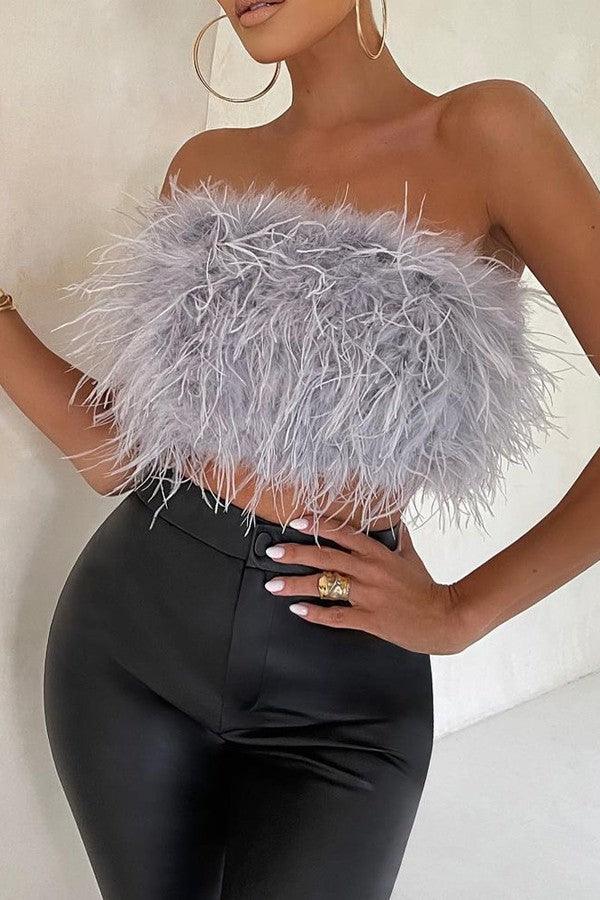 feather strapless top
