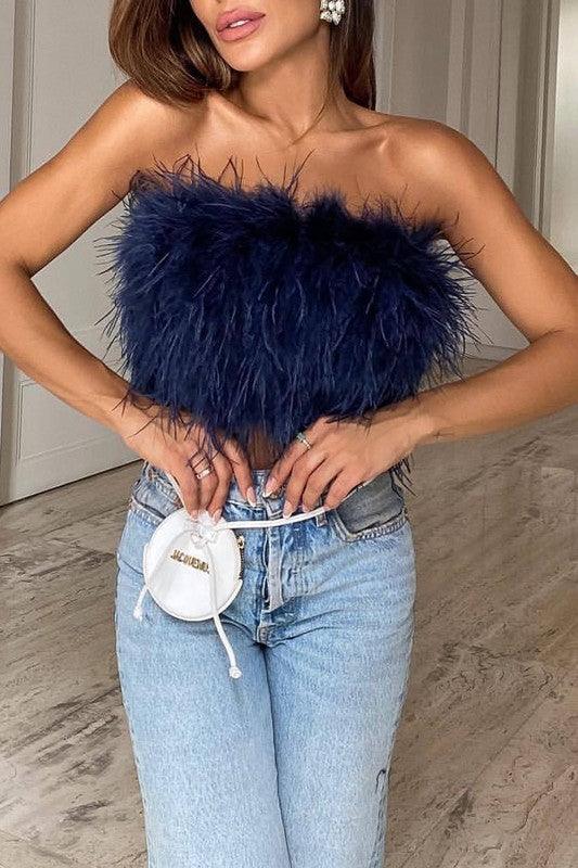 feather strapless top