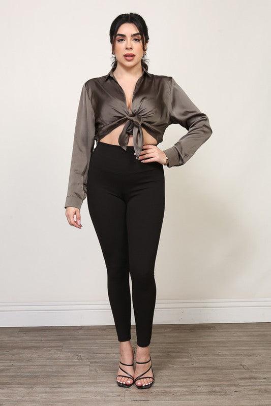 satin tie front collared shirt - RK Collections Boutique
