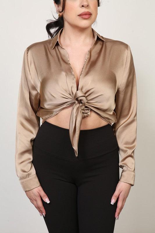 satin tie front collared shirt - RK Collections Boutique
