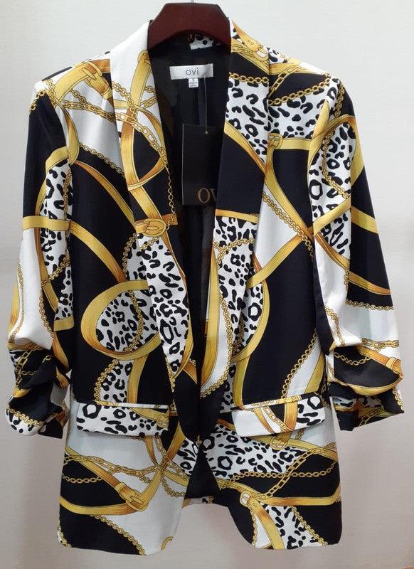 chains straps & leopard ruched sleeve blazer - RK Collections Boutique