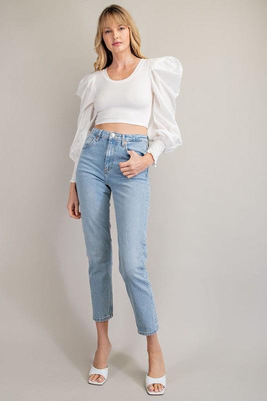 Long puff sleeves scoop neck crop top - RK Collections Boutique