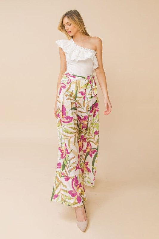 high waist tropical floral woven wide leg pants