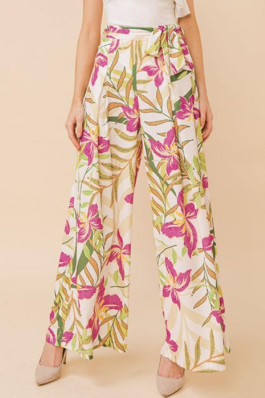 high waist tropical floral woven wide leg pants - tarpiniangroup