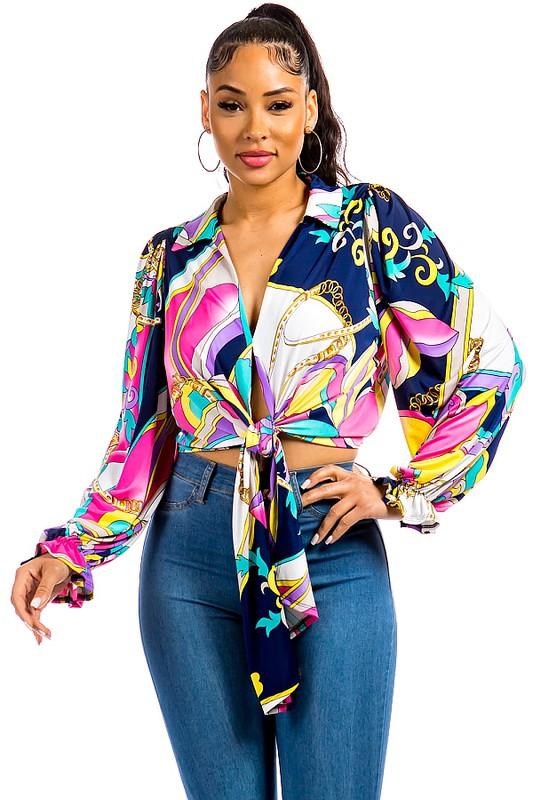 printed tie front long sleeve crop blouse - RK Collections Boutique