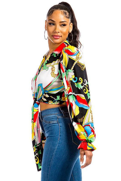 printed tie front long sleeve crop blouse - RK Collections Boutique