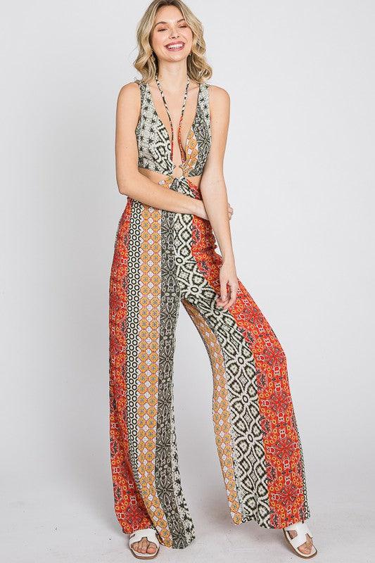 boho multi pattern cutout jumpsuit - RK Collections Boutique