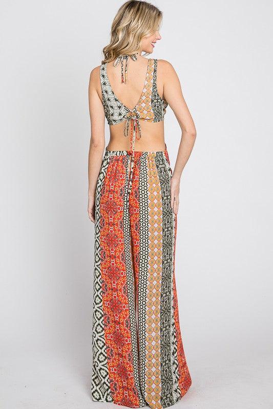 boho multi pattern cutout jumpsuit - RK Collections Boutique