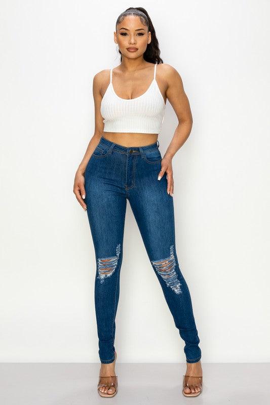 LO-203 High rise stretch ripped knee skinny jeans