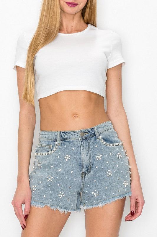 pearl & rhinestone raw hem shorts - RK Collections Boutique