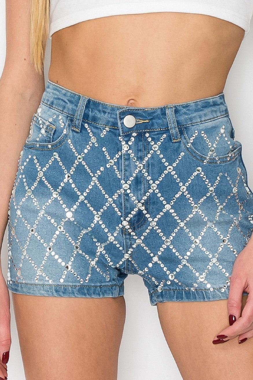 Rhinestone embellished denim shorts - tarpiniangroup