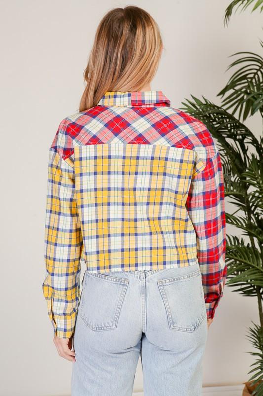long sleeve patchwork plaid flannel crop button down - RK Collections Boutique