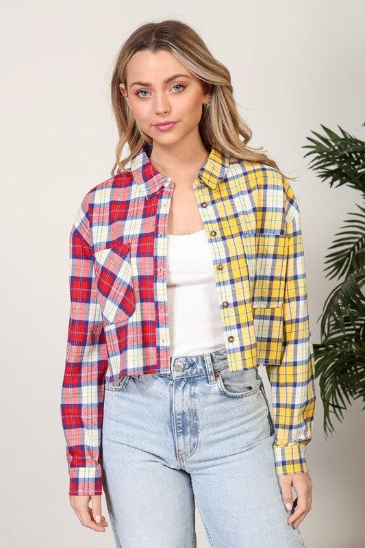 long sleeve patchwork plaid flannel crop button down - RK Collections Boutique