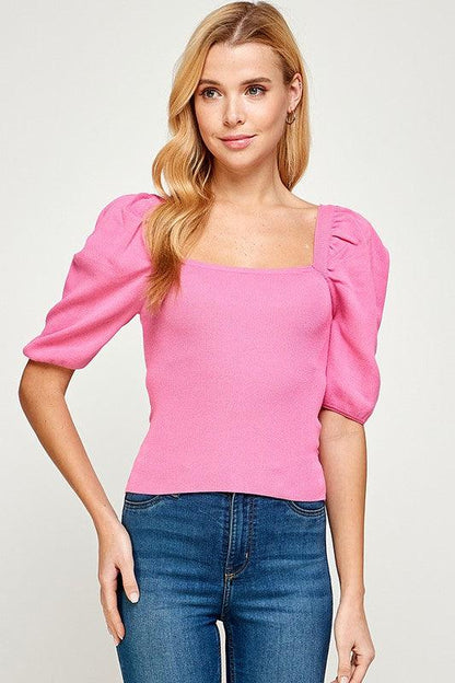 Volume sleeve sweater top with square neck - RK Collections Boutique