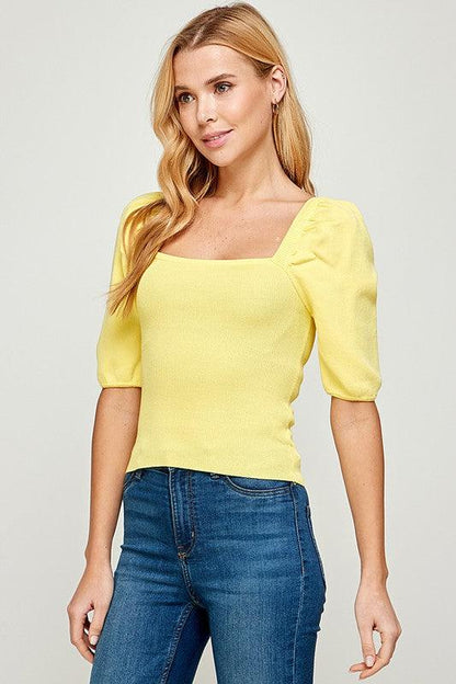 Volume sleeve sweater top with square neck - RK Collections Boutique