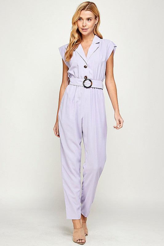Sleeveless Jumpsuit with Waist Buckle Detail