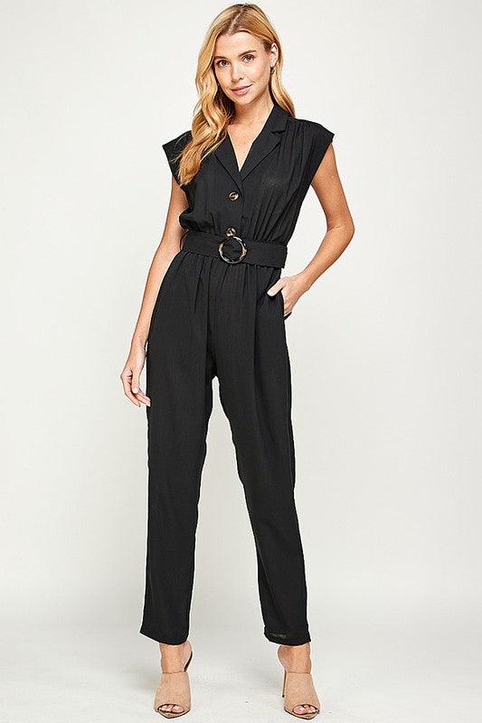 Sleeveless Jumpsuit with Waist Buckle Detail - RK Collections Boutique