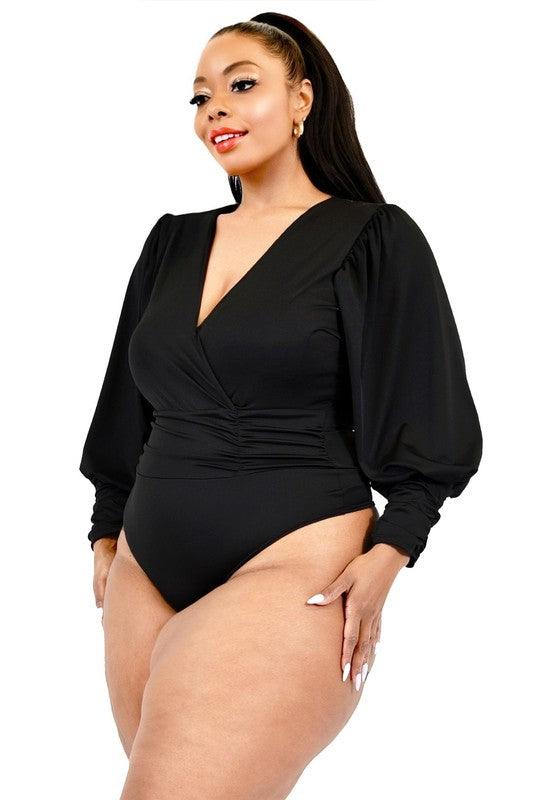 PLUS solid bishop sleeve wrap bodysuit - RK Collections Boutique