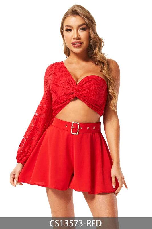 2pc set- belted shorts & lace one sleeve crop top - alomfejto