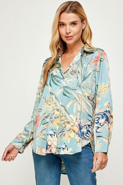 tropical print satin button down shirt - RK Collections Boutique