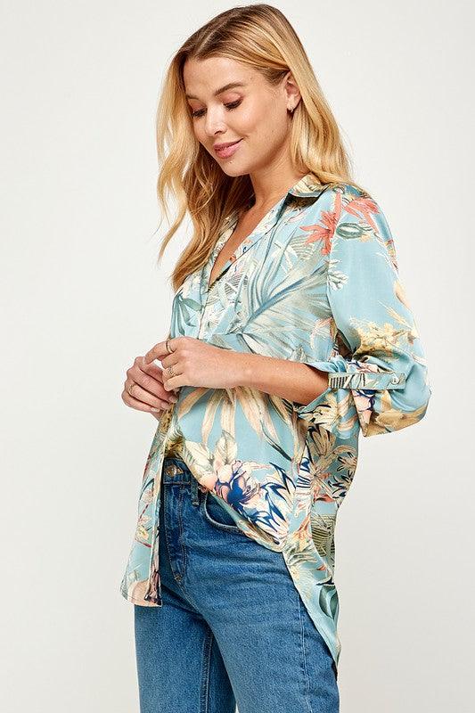 tropical print satin button down shirt - RK Collections Boutique