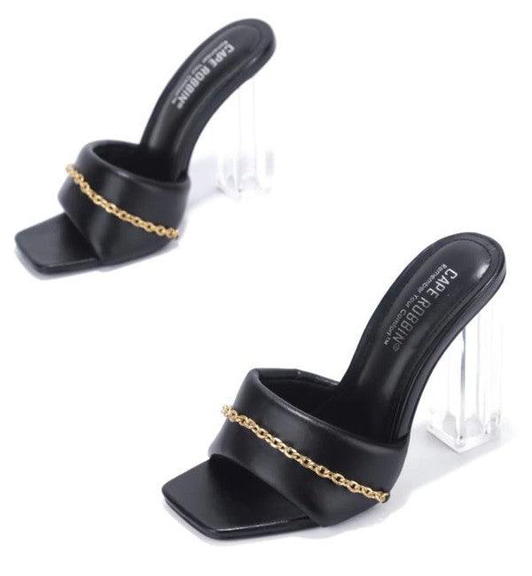 Chain square lucite heeled mule sandals