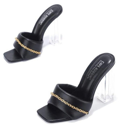 Chain square lucite heeled mule sandals - RK Collections Boutique