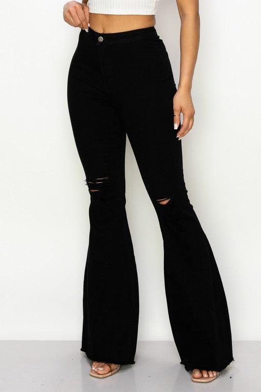 BC-088 ripped knees high waist stretch bell bottom jeans - RK Collections Boutique