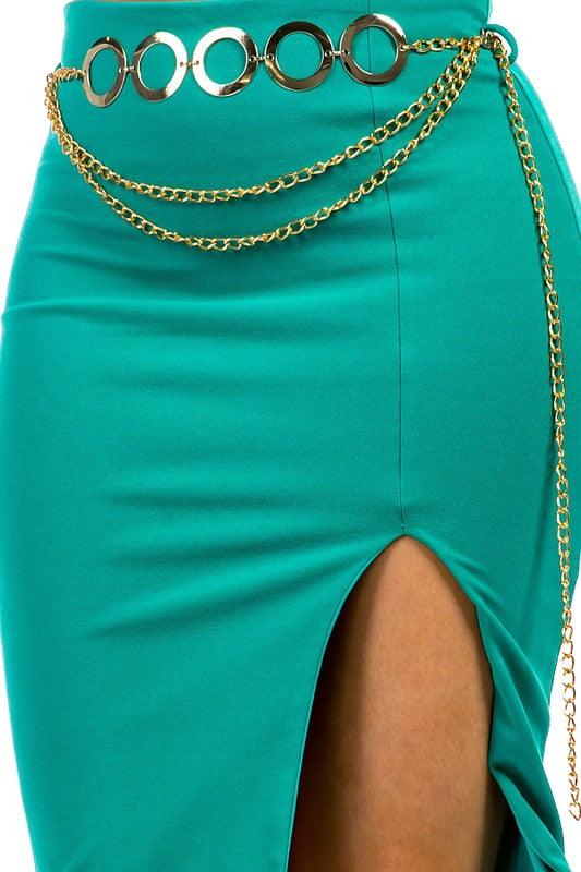 chain belt slit knee length skirt - RK Collections Boutique
