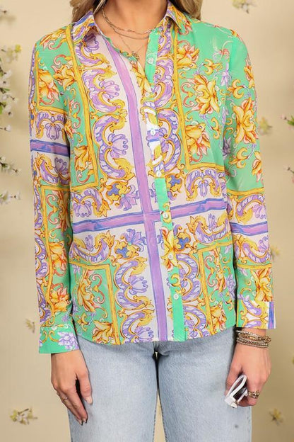 Print chiffon button down shirt - RK Collections Boutique